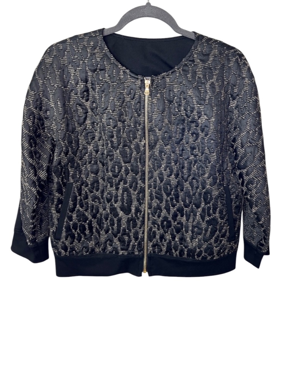 Trina Turk Black Metallic Leopard Animal Print Bomber Jacket Size M